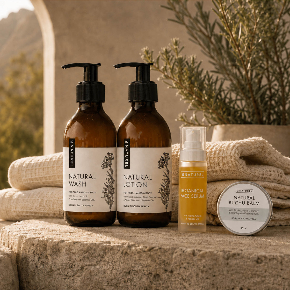 Le Naturel set: Natural Wash, Natural Lotion, Botanical Face Serum and Natural Buchu Balm